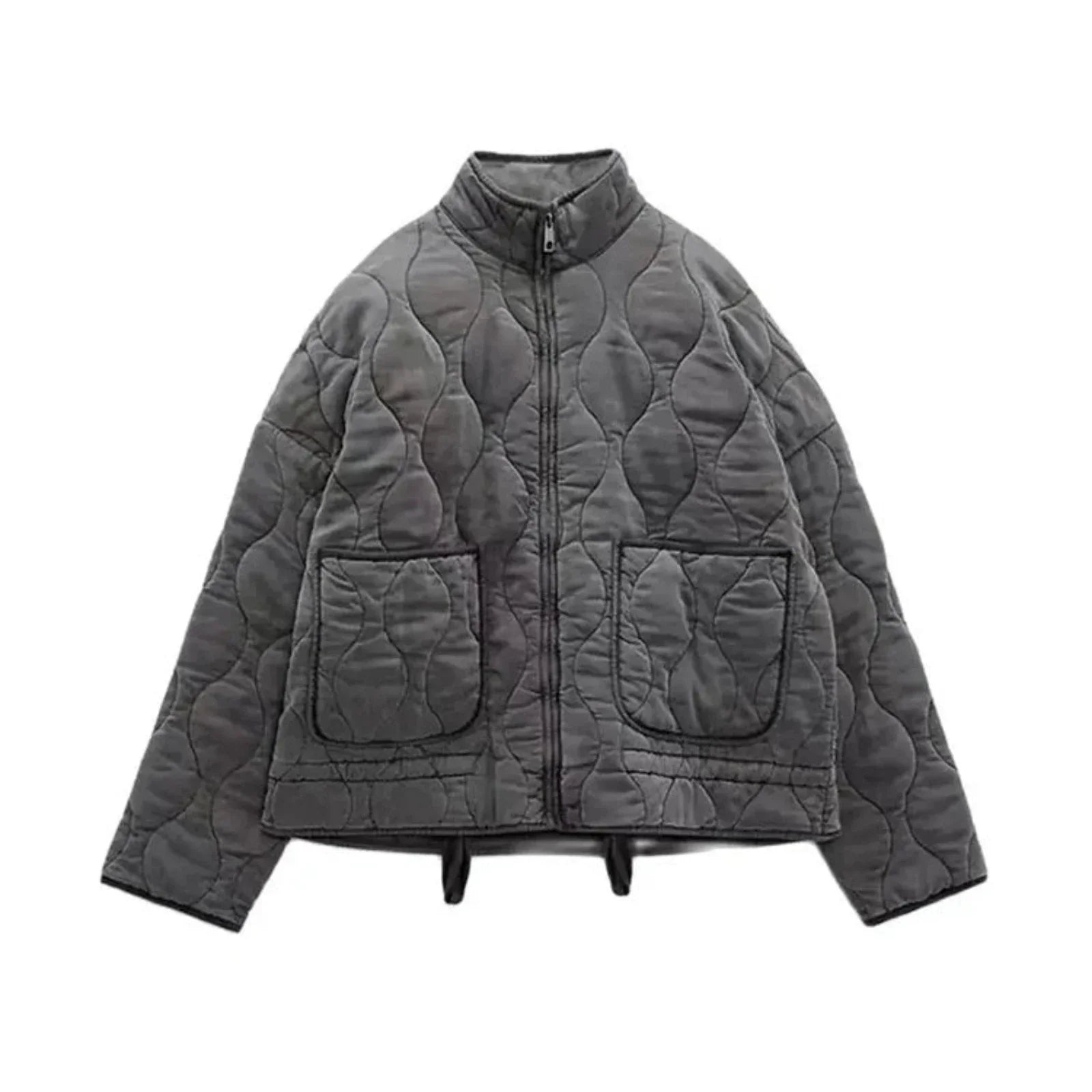 Black quilted bomber jacket with padded insulation, zipper closure, and tailored flattering fit