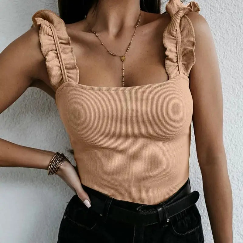 White ruffled fitted summer top with delicate ruffle straps, flirty feminine style for women