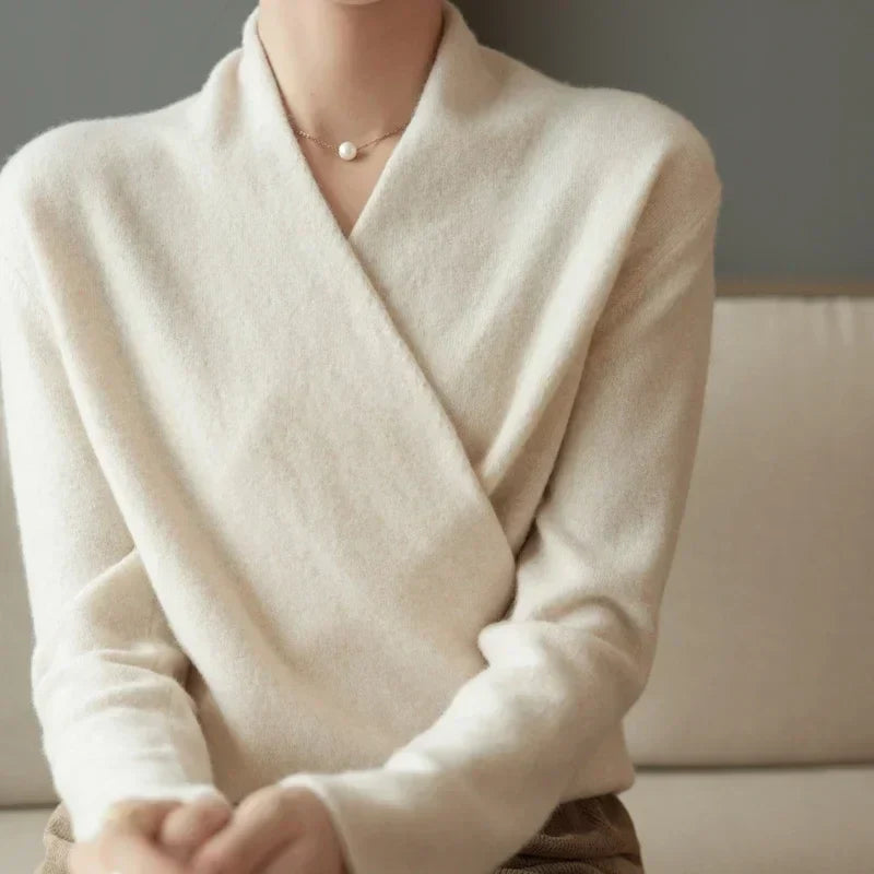 Ivory cashmere wool crossed wrap sweater loose fit V-neck hip-length rolled cuffs