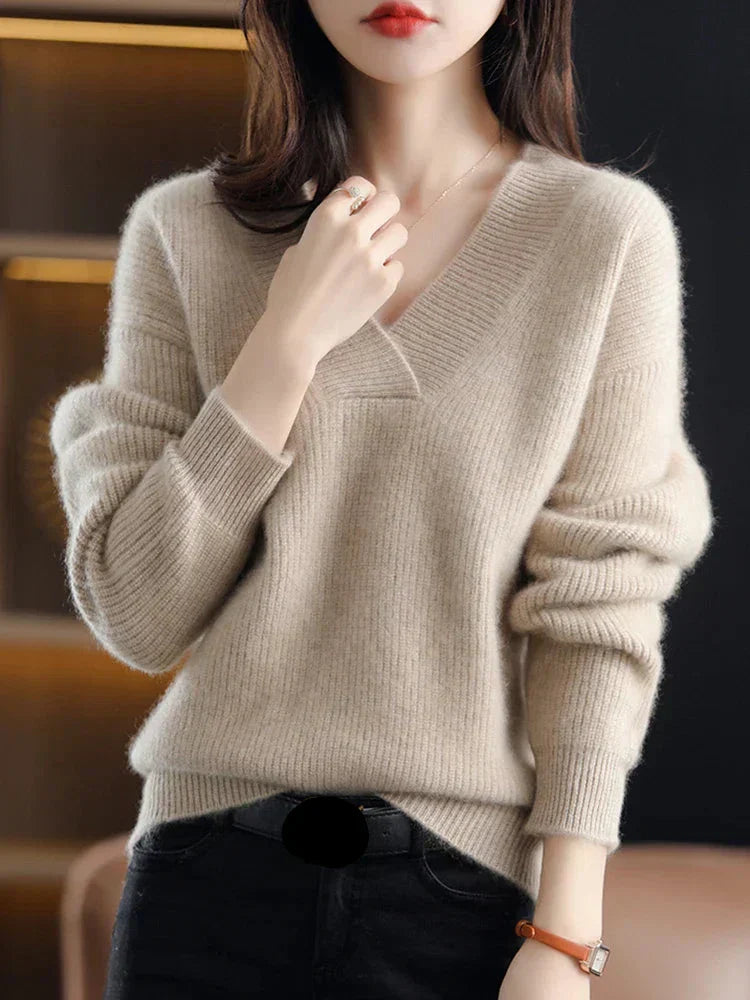 Women's soft knit V-neck pullover sweater relaxed fit with ribbed trim, casual chic style