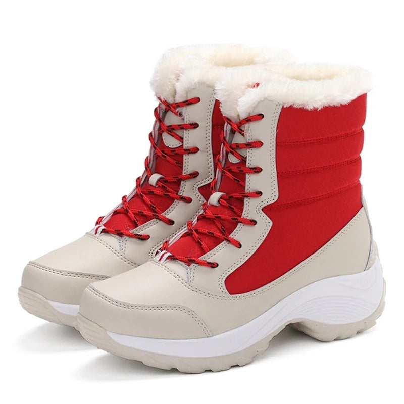 Women's black mid-calf lace-up snow boots with faux fur lining and platform sole