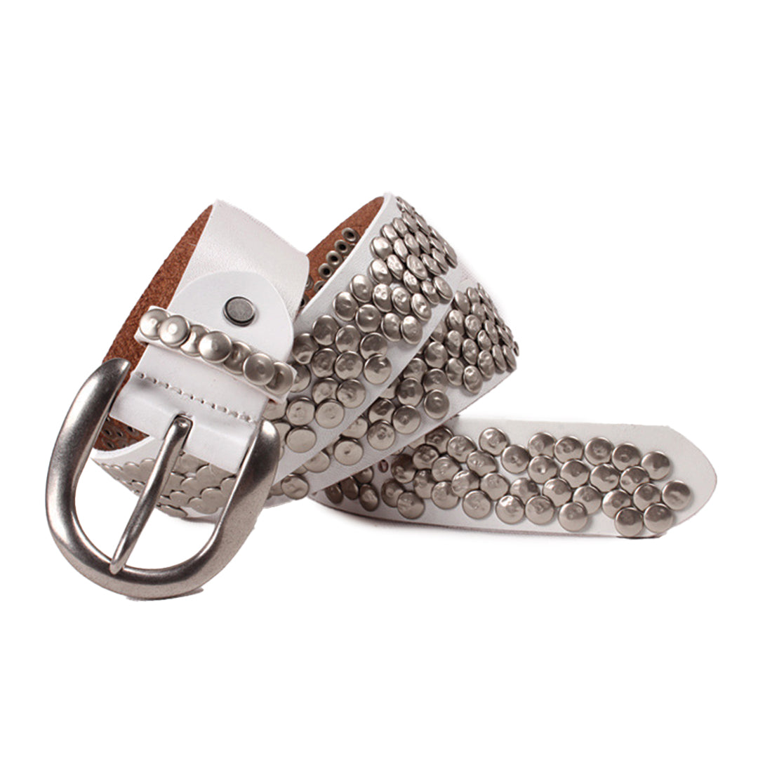 Genuine leather belt with hammered nailhead studs and steel hardware for an edgy artisanal look