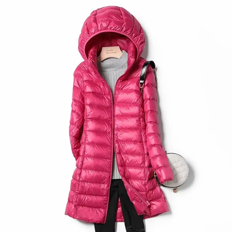 Women's slim fit long hooded down parka lightweight winter coat with cozy hood