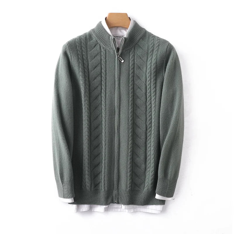 Mock neck zip-up cashmere wool knit sweater in neutral tone, slim fit with ribbed texture