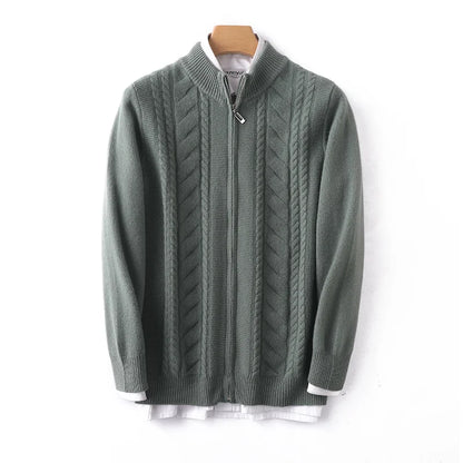 Mock neck zip-up cashmere wool knit sweater in neutral tone, slim fit with ribbed texture
