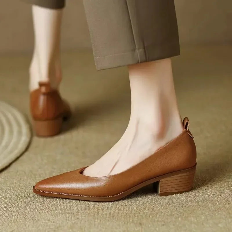 Women's pointed toe block heel pumps slip-on work shoes in classic minimal silhouette