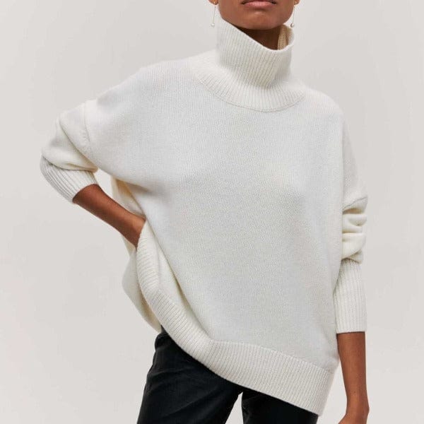 Ivory wool-blend turtleneck sweater with high ribbed neck and voluminous relaxed fit