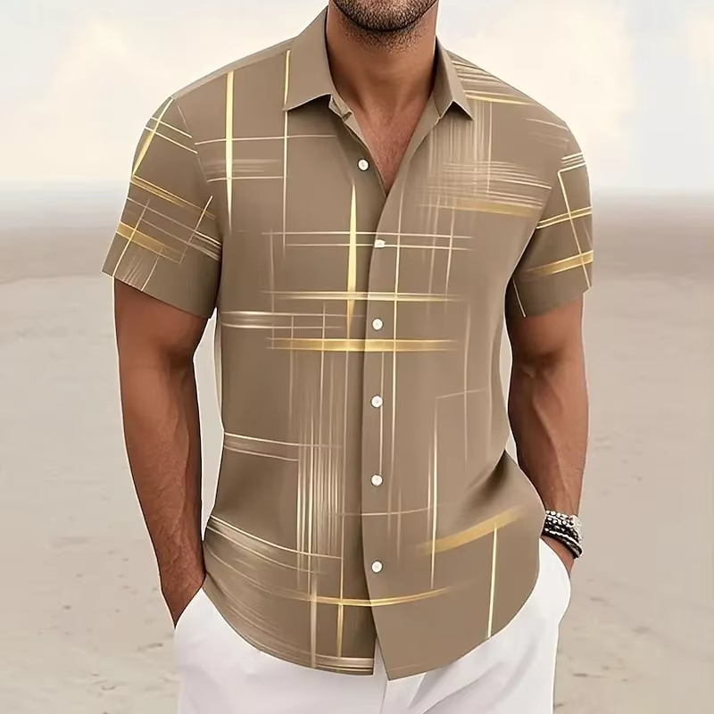 Men's 3D geometric plaid short sleeve button-down shirt in bold multicolor modern casual fit