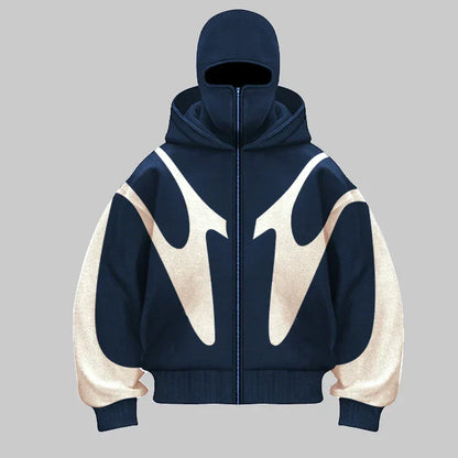 Black heavyweight hoodie with built-in full-face balaclava and bold spliced design for ultimate coverage