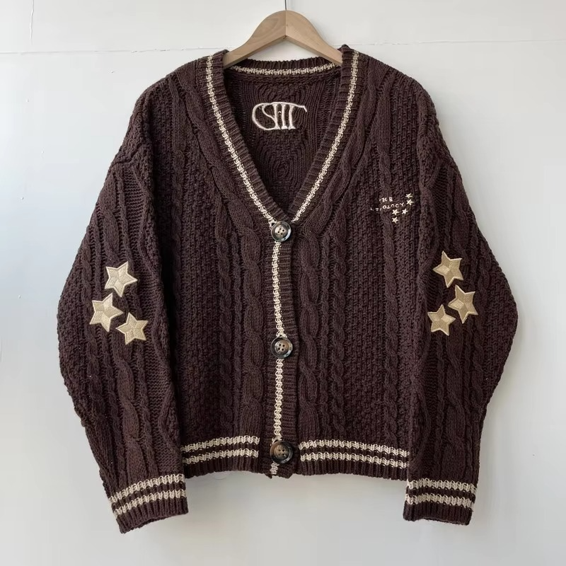 Women's brown knit cardigan with autumn maple leaf embroidery, cozy midweight open-front style