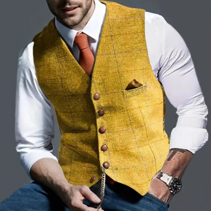 Men's tweed striped waistcoat vest formal slim-fit polished herringbone-textured business wedding style