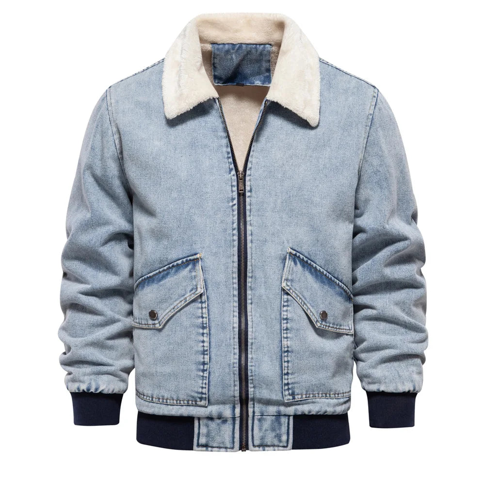 Slim-fit denim aviator jacket with sherpa fleece lining and bold contrast lapel collar