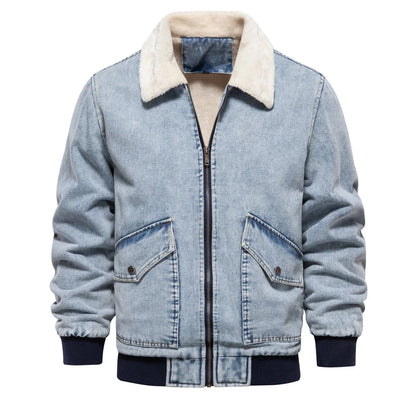 Slim-fit denim aviator jacket with sherpa fleece lining and bold contrast lapel collar