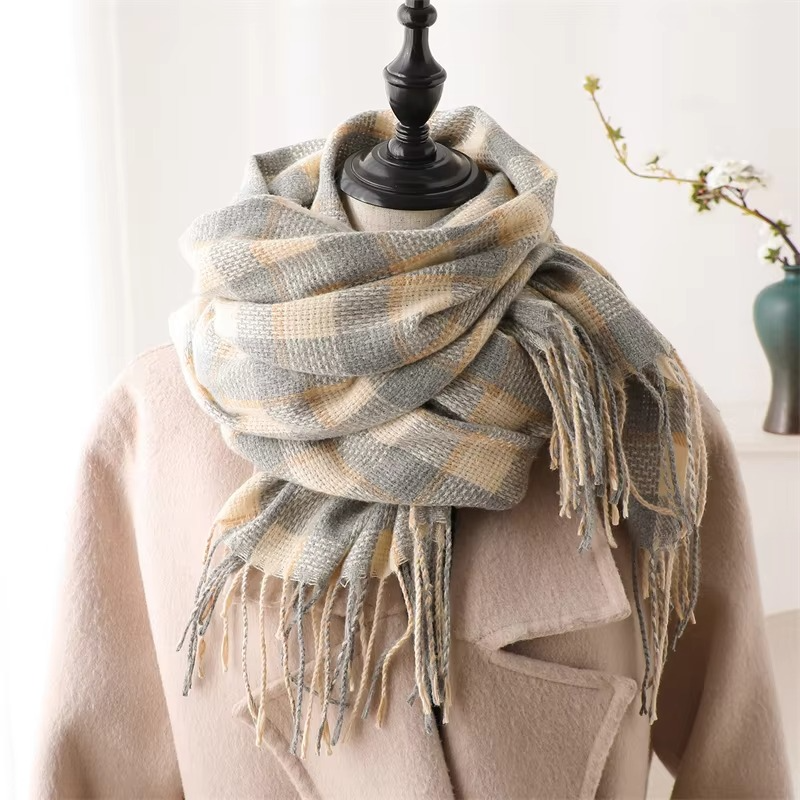 Women's plaid cashmere winter scarf in warm tones, thick pashmina shawl with fringe tassels