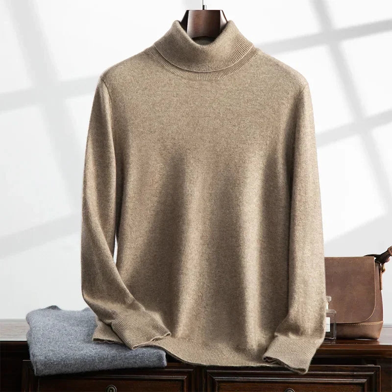 Men's relaxed-fit cashmere turtleneck sweater with ribbed edges and soft wool-blend knit texture