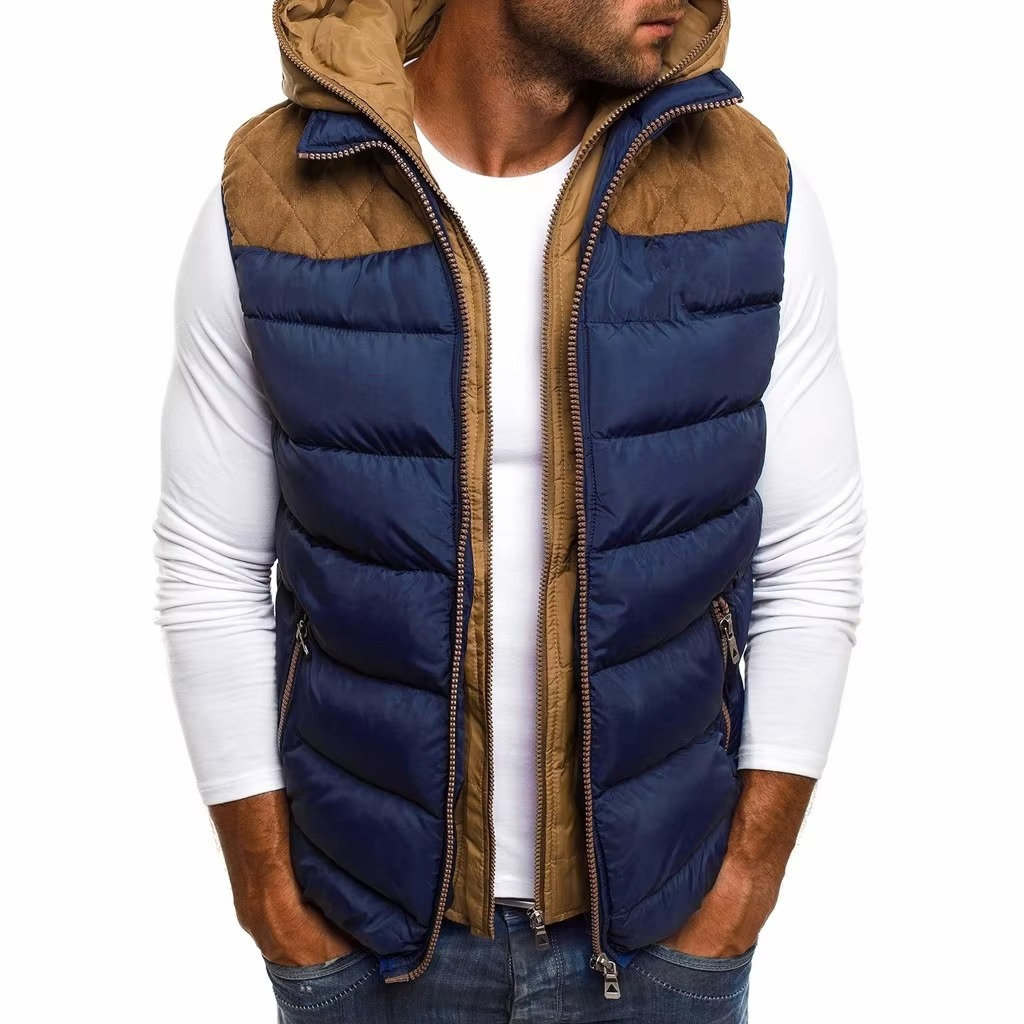 Men's black hooded sleeveless puffer vest lightweight quilted insulation cold-weather layering piece