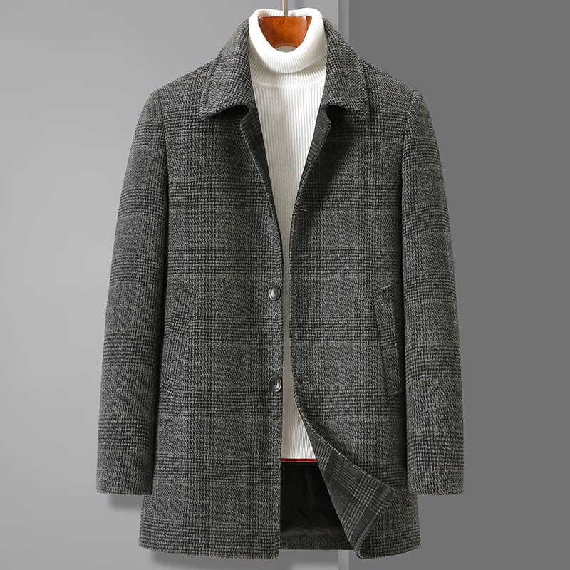 Gray plaid wool-blend trench coat mid-length straight silhouette with timeless city-ready elegance