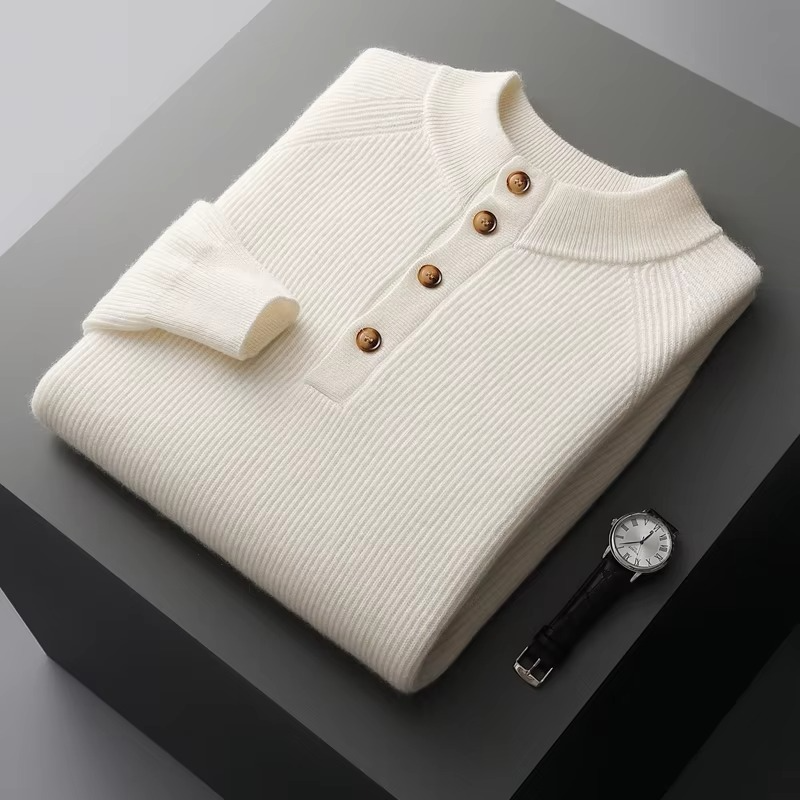 Men's 100% cashmere pullover O-neck sweater soft knit buttoned detail lightweight warm luxury