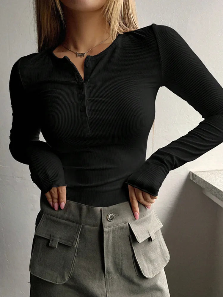 Women's ivory ribbed henley slim-fit long-sleeve sweater top with button placket detail