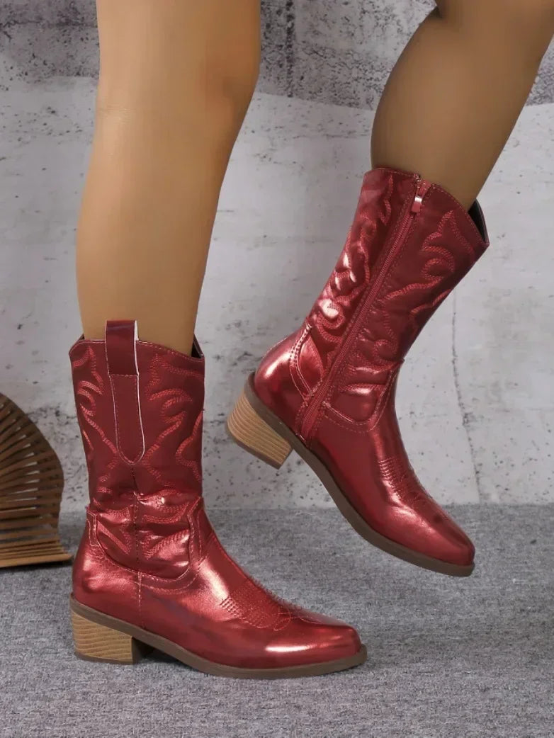 Women's leather knee-high boots with Western-inspired stitching and stacked heel in classic brown
