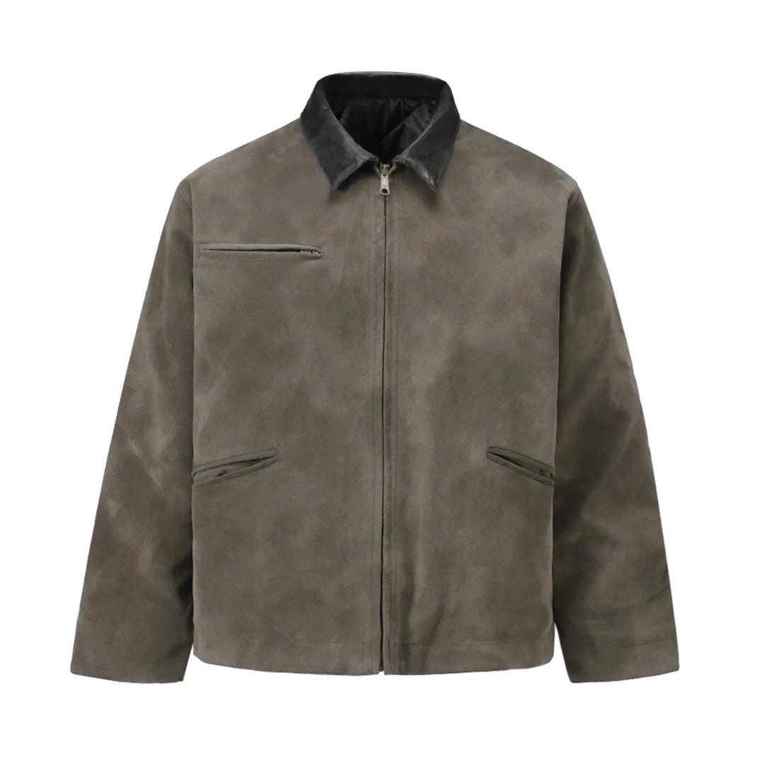Brushed cotton suede Detroit jacket with vegan leather turn-down collar and zipper closure