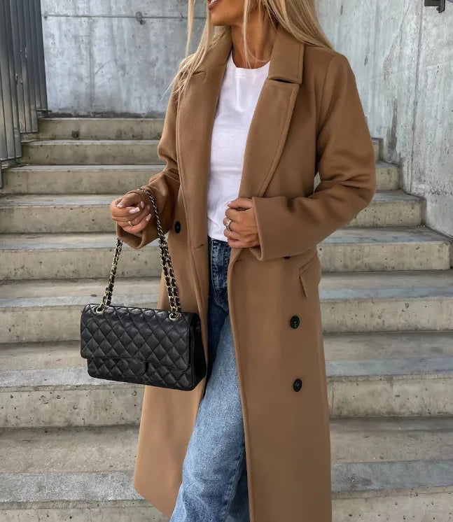 Wavlynn Addison women's beige longline trench coat classic cut with double-breasted front closure