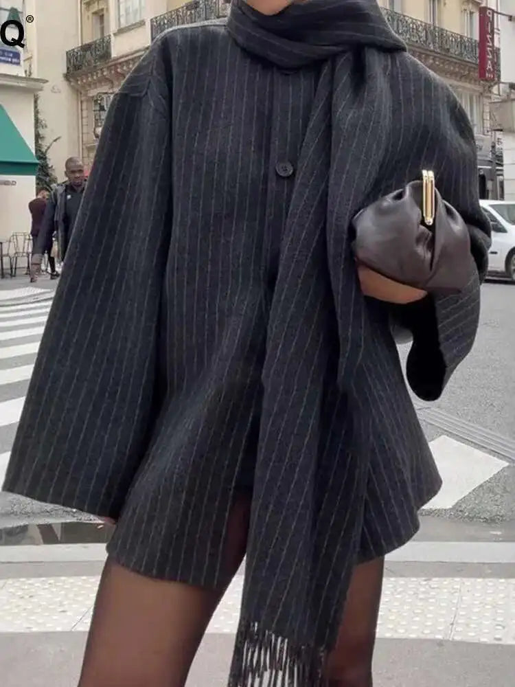 Women's short striped wool blend jacket relaxed fit with scarf collar, cozy office-to-weekend style