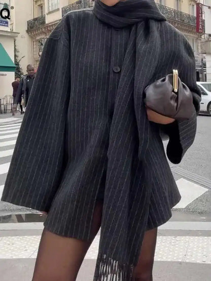 Women's short striped wool blend jacket relaxed fit with scarf collar, cozy office-to-weekend style