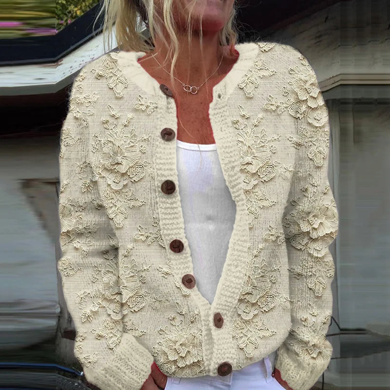 Loose-fit printed cardigan in soft neutral tones, relaxed silhouette with breathable chic layering design