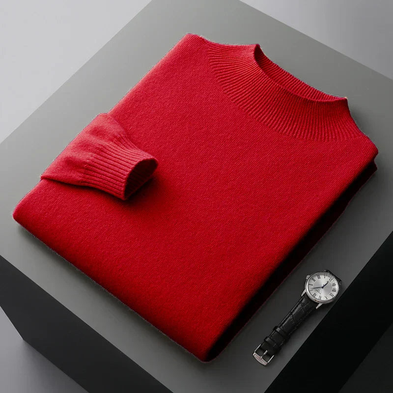 Men's wool knit sweatshirt regular fit semi turtleneck ribbed cuffs warm winter style
