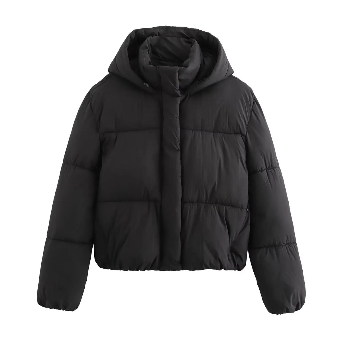 Women's cropped puffer jacket with hood in cozy everyday style, modern short silhouette
