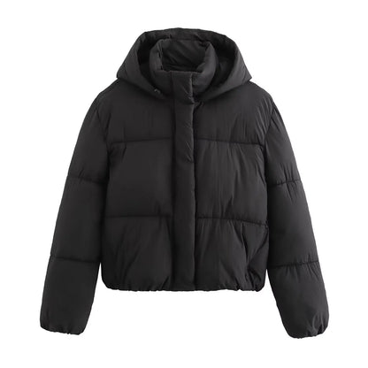 Women's cropped puffer jacket with hood in cozy everyday style, modern short silhouette