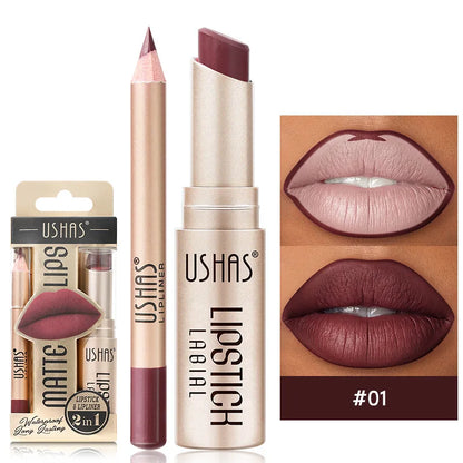 Dual-purpose matte lipstick liner combo in rich color, long-lasting sculpted pout definition