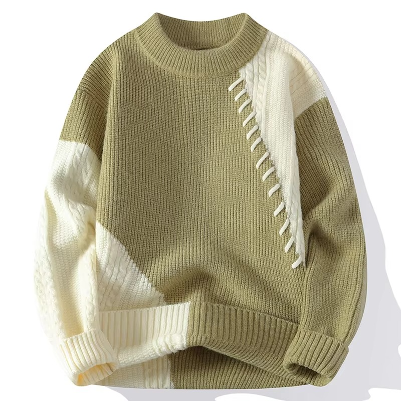 Men's patchwork knit crew neck pullover sweater with diagonal panel stitching, cozy casual winter style