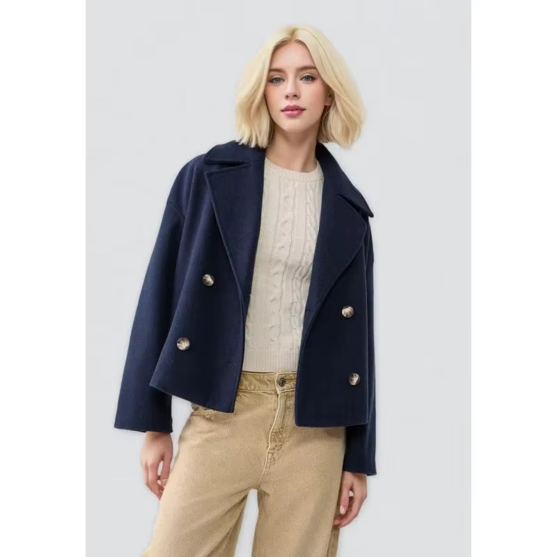 Women's camel wool blend coat double button front turn-down collar elegant everyday warmth