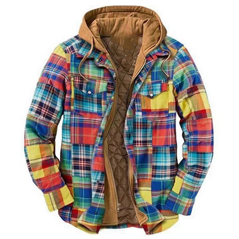 Men's patchwork checkered cotton hooded jacket in multicolor block pattern with drawstring hood