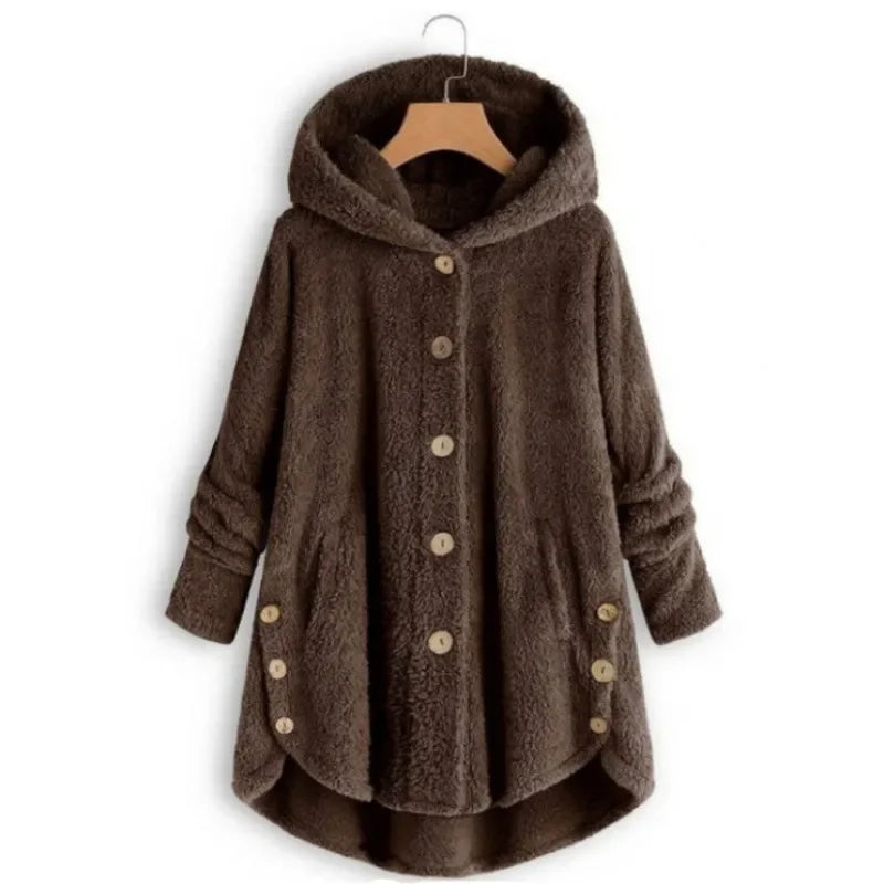 Women's cozy hooded fleece jacket relaxed fit plush texture button front in neutral tone