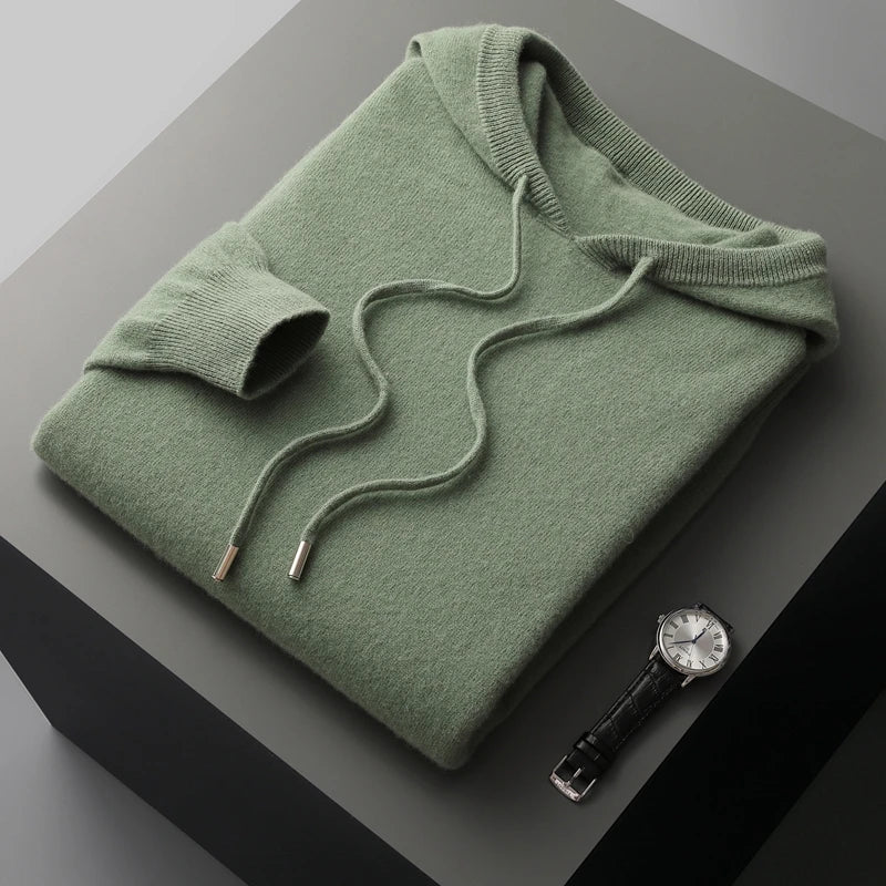 Men's gray cashmere hoodie classic fit soft knitted fabric with ribbed cuffs luxury knitwear