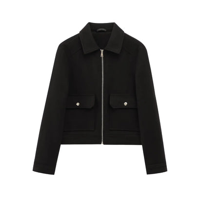 Women's wool bomber jacket zippered cozy warm timeless style flattering fit chilly days