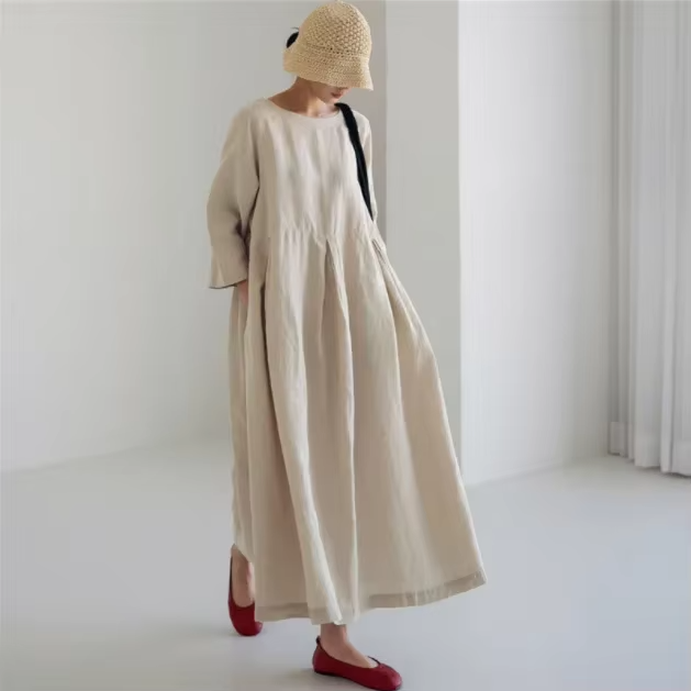 Plus size cotton linen maxi dress women loose fit round neck pullover breathable spring summer