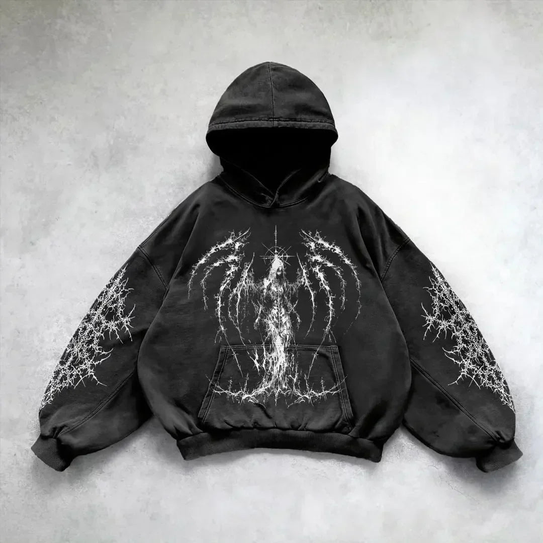 Gravure washed hoodie vintage streetwear pullover in faded cotton with bold retro graphic print