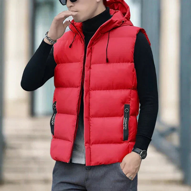 Men's slim fit quilted insulated hooded vest with zipper pockets, lightweight layering piece