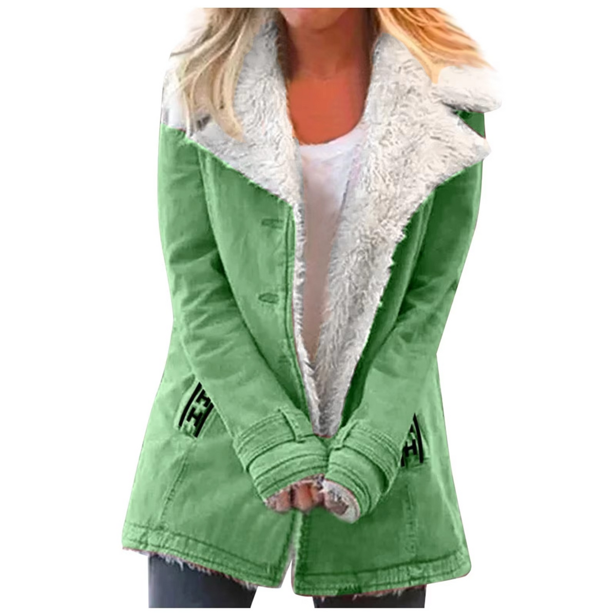 Women's plus size fleece jacket with button front, faux shearling collar, pockets, cozy everyday style