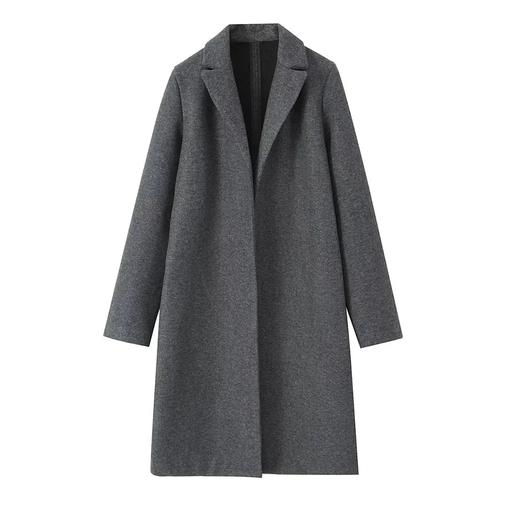 Beige lightweight open V-line trench coat with deep pockets, modern streamlined silhouette