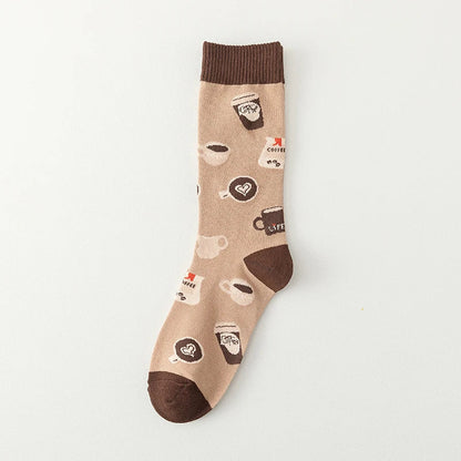 Cozy white crew socks with playful coffee cup print, perfect quirky accessory for caffeine lovers