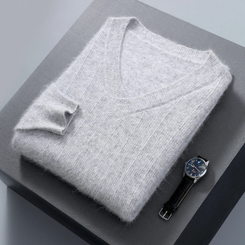 Men's wool blend V-neck pullover sweater loose fit soft knit ribbed hem in neutral tone