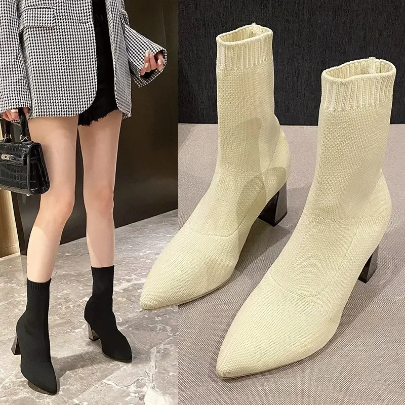 Women's black stretch-knit sock boots pointed toe premium comfort leather ankle boots