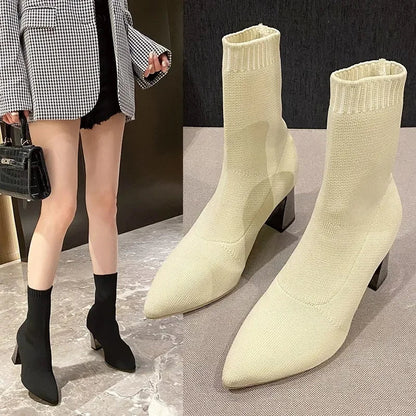Women's black stretch-knit sock boots pointed toe premium comfort leather ankle boots