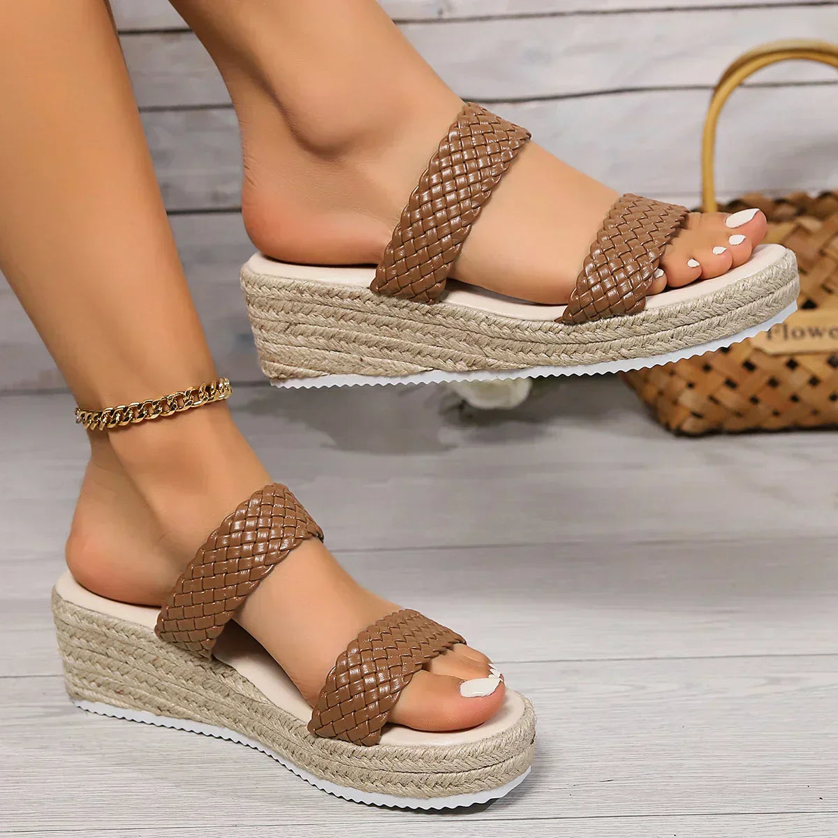 Beige cushioned wedge sandals for women with soft footbed and elegant strap design