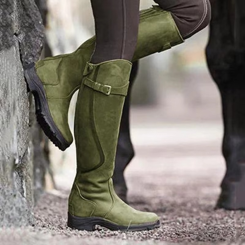 Women's black PU leather retro boots with side zipper, buckle detail, and round toe